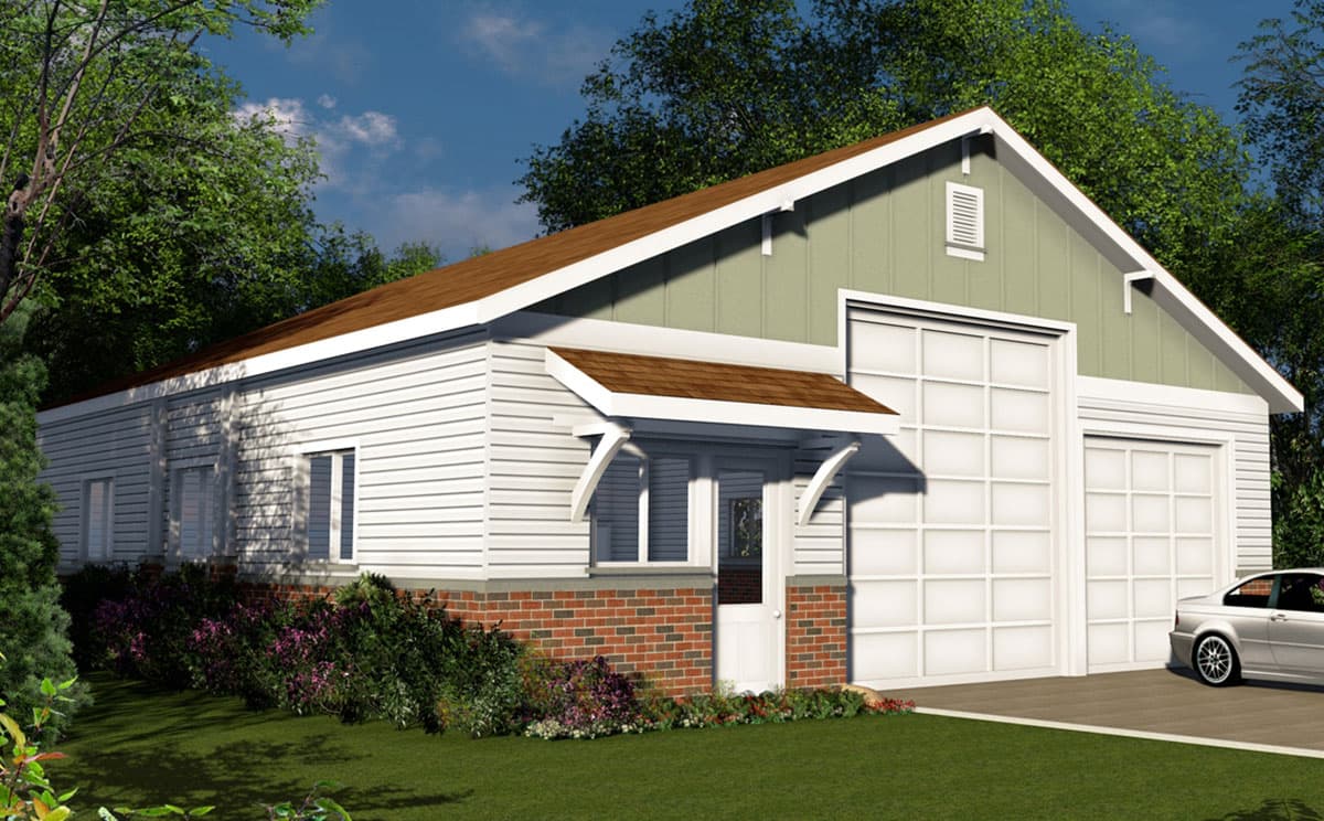 House plan exterior, one-story design with white siding, brick base, covered entry, and two garage doors.