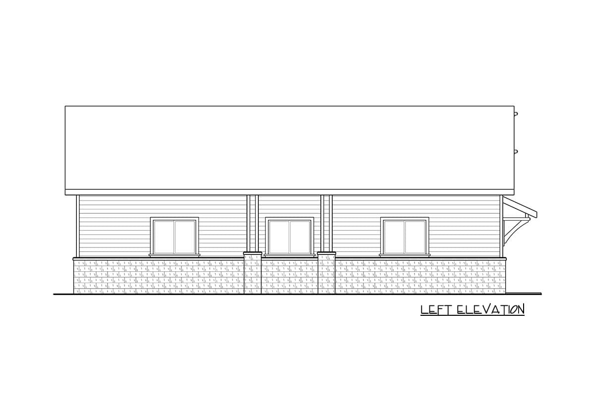 Left elevation drawing of a house plan featuring a covered porch with three windows and stone foundation.