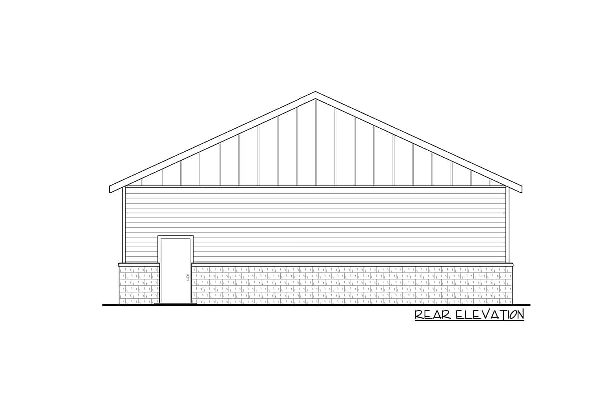 Rear elevation drawing of a house plan showing horizontal siding, a gable roof, and a stone foundation with a door.