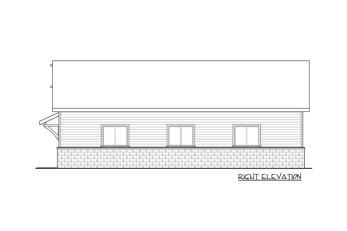 Right elevation house plan: two stories, horizontal siding, three windows, and stone foundation.