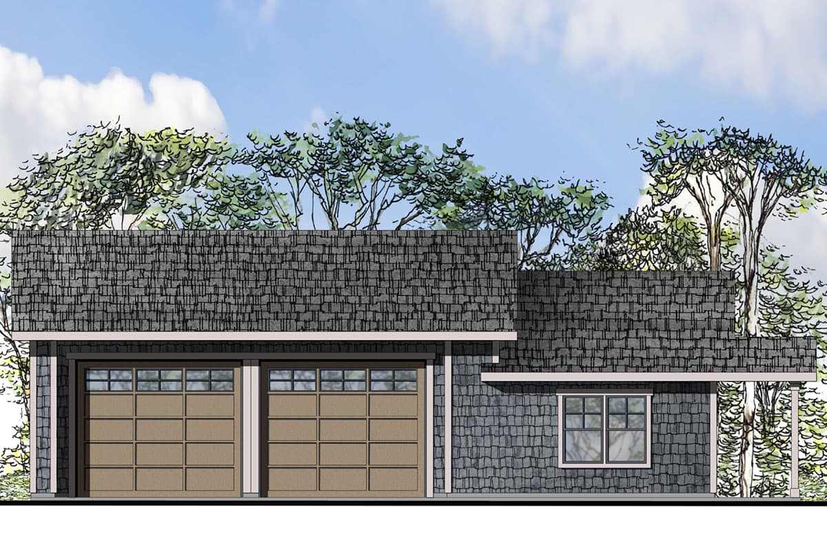 House plan exterior with a two-car garage, shingle siding, and a single window. Features a multi-level roofline.