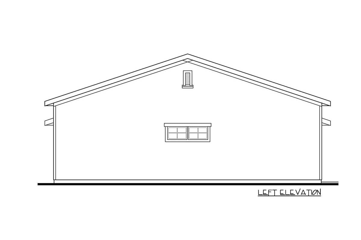 Left elevation drawing of a house plan, showing a gable roof, a dormer, and a double-hung window.