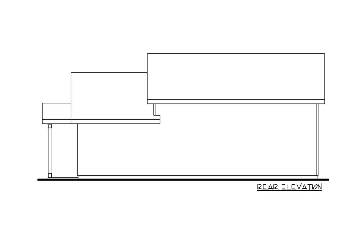Rear elevation drawing of a house plan showing multiple rooflines and a covered porch area.