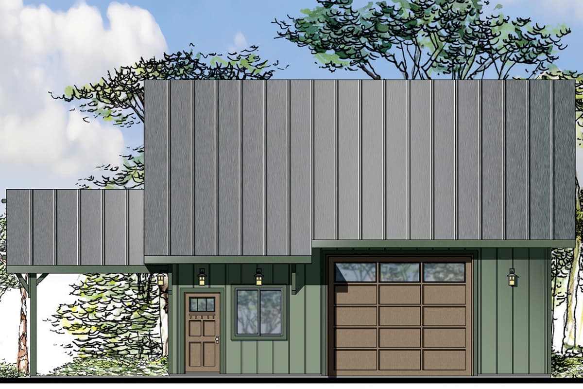 Modern house plan exterior with vertical siding, metal roof, single-car garage, and covered carport.