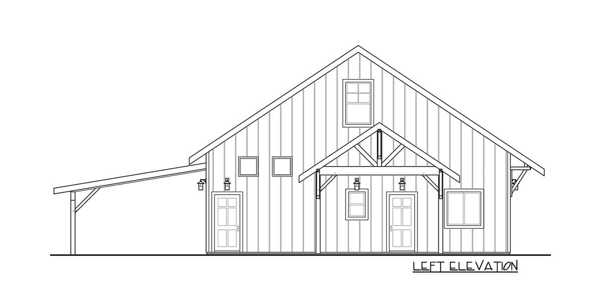 Left elevation drawing of a house plan featuring a prominent gable, two doors, and a covered entry with exposed rafters.