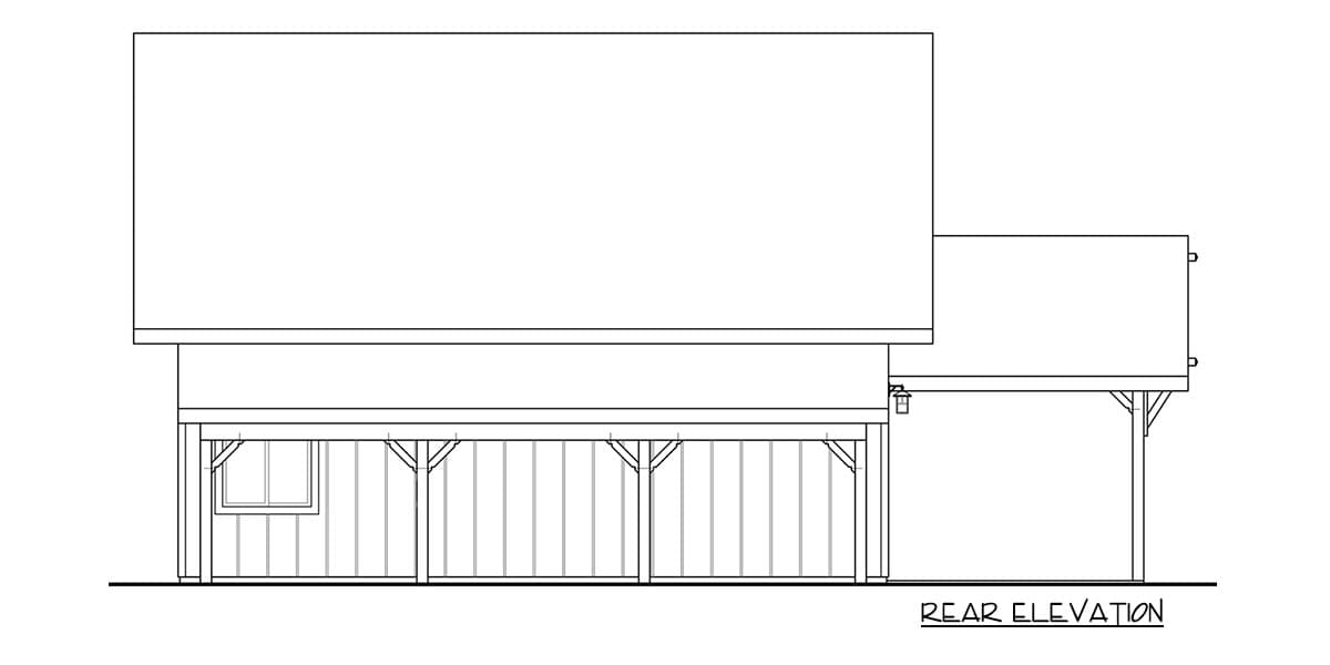 Rear elevation of a house plan showing a covered porch with vertical siding, beams, and a window.