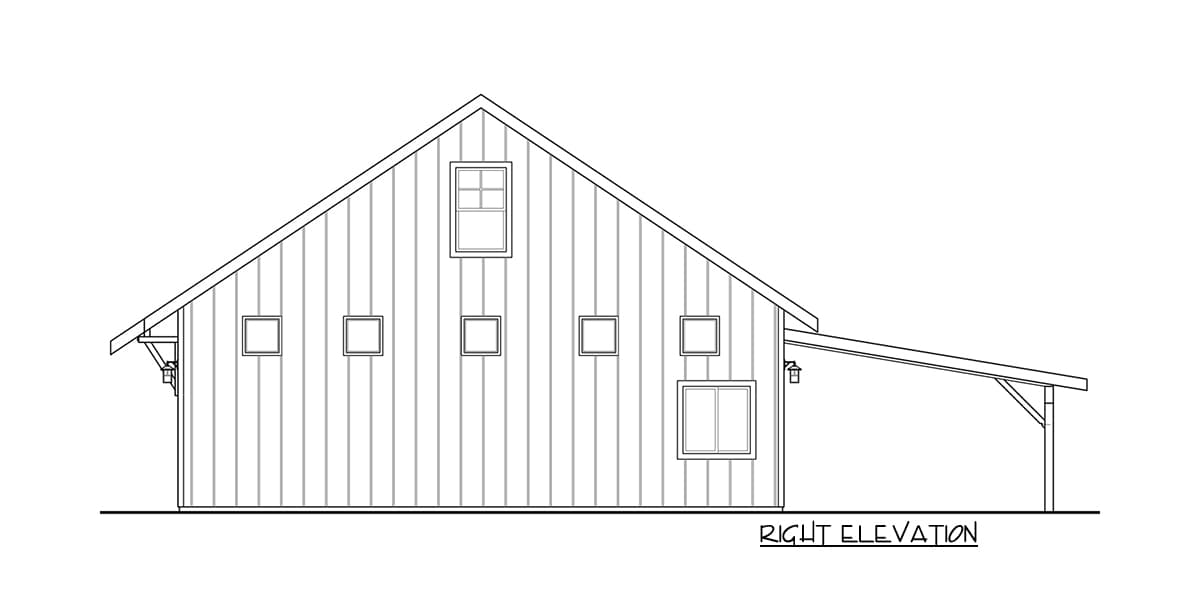 Right elevation drawing of a house plan showing vertical siding, multiple windows, and a shed roof covering a porch.