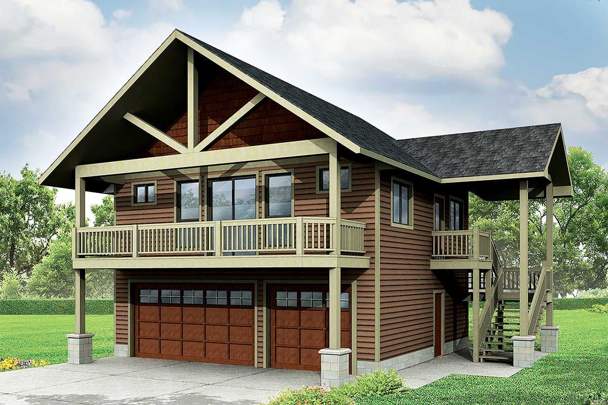 House plan exterior featuring a two-car garage below an elevated living space with a covered deck and exposed timber framing.