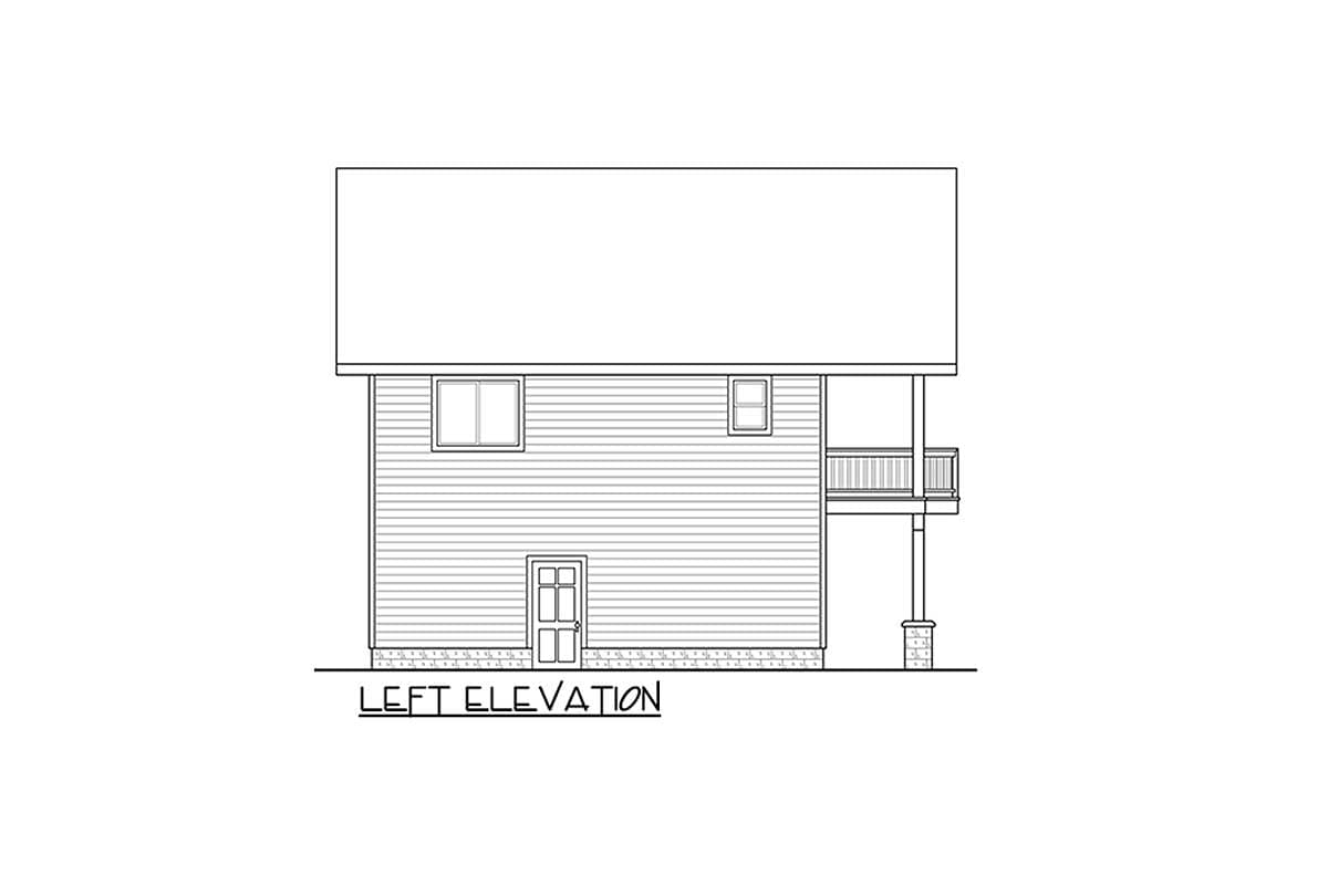 Left elevation drawing of a two-story house plan with double door, two windows, and a porch with railing supported by columns.