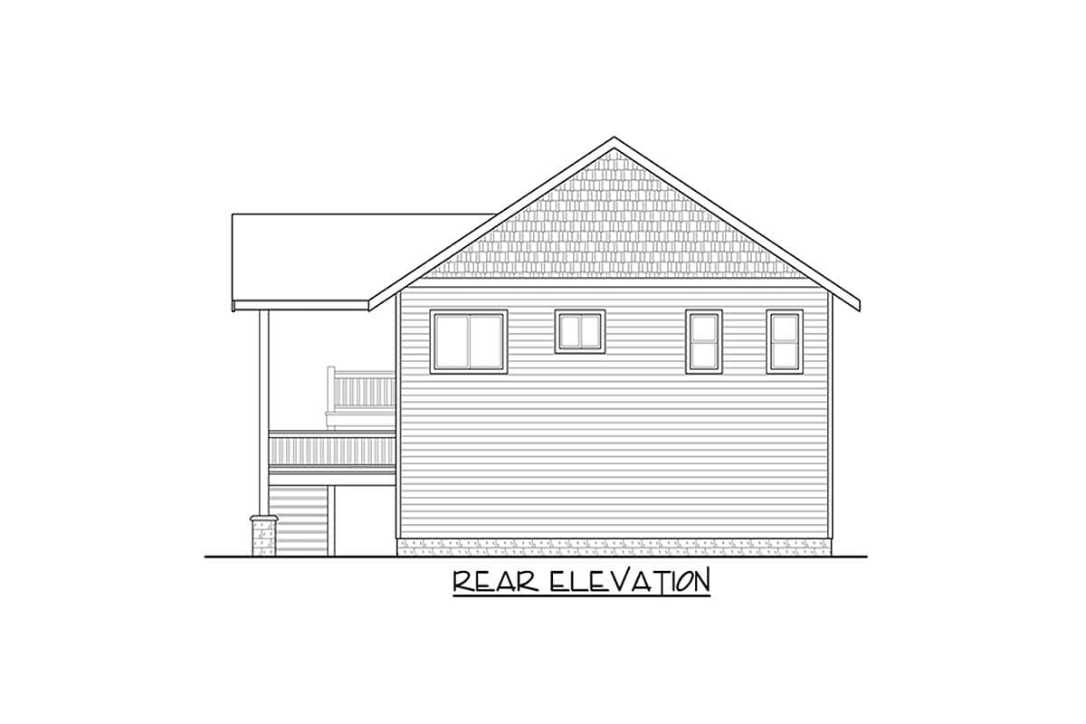 Rear elevation of a house plan showing a gabled roof with shingles, horizontal siding, a small porch, and four windows.
