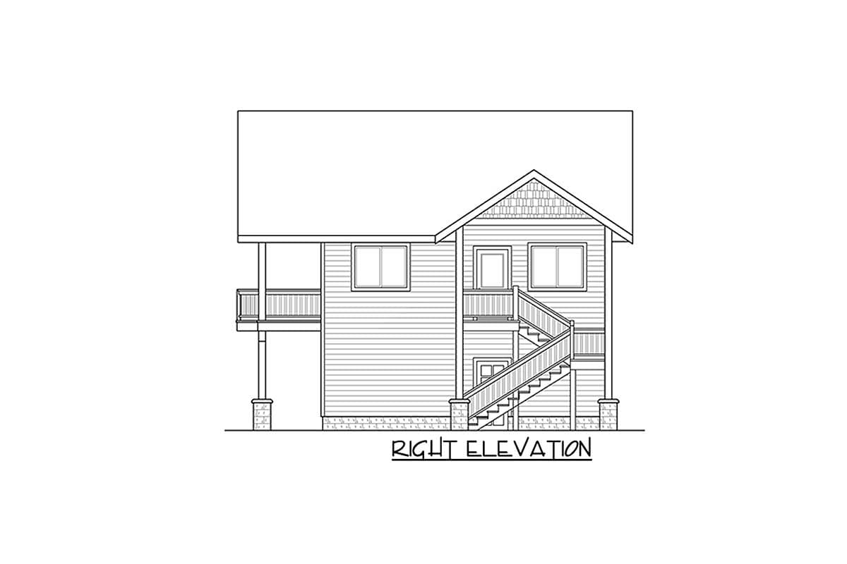 Right elevation drawing of a two-story house plan with a gable roof, deck, and stairs.
