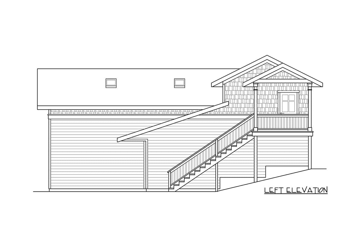 Left elevation house plan showing a multi-story structure with a garage door, a covered staircase, and a shingled gable dormer.