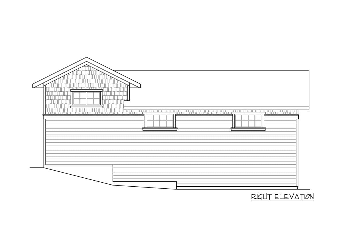 House plan right elevation drawing with shingle siding, horizontal siding, and multiple windows.