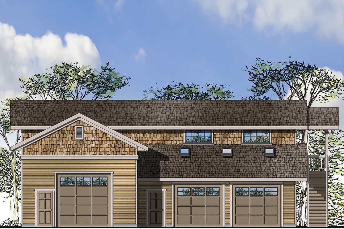 House plan exterior with three garage bays, one single-car garage, and prominent shingled gable with vent.