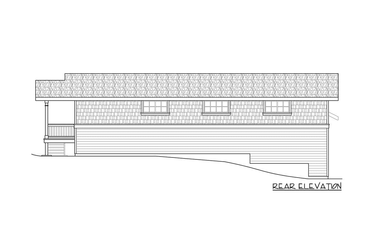 Rear elevation drawing of a house plan with shingle siding, horizontal siding, a porch, and multiple windows.