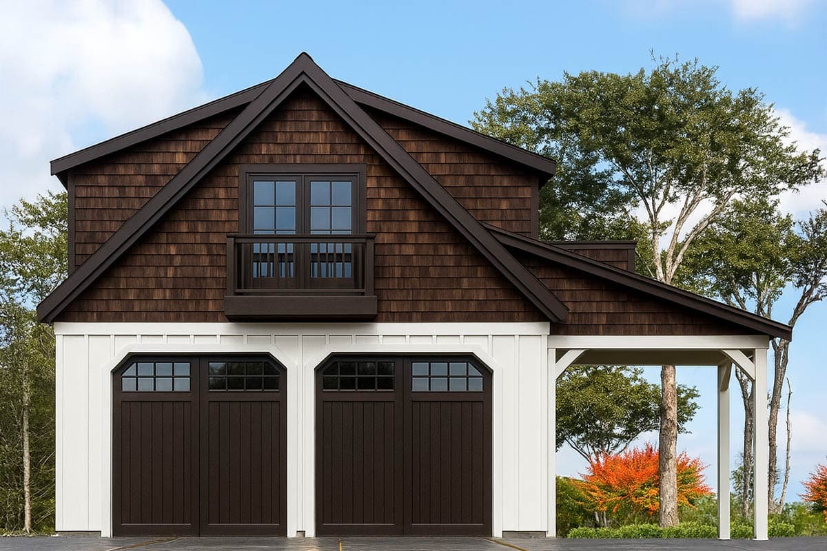 House plan exterior with two-car garage. Features include a gabled roof, shingle siding, and a balcony. Two-story structure with a covered porch.