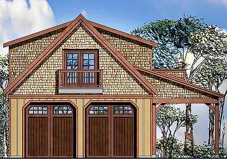 House plan exterior with two garage doors, wood shingle siding, a dormer with a balcony, and a covered carport.