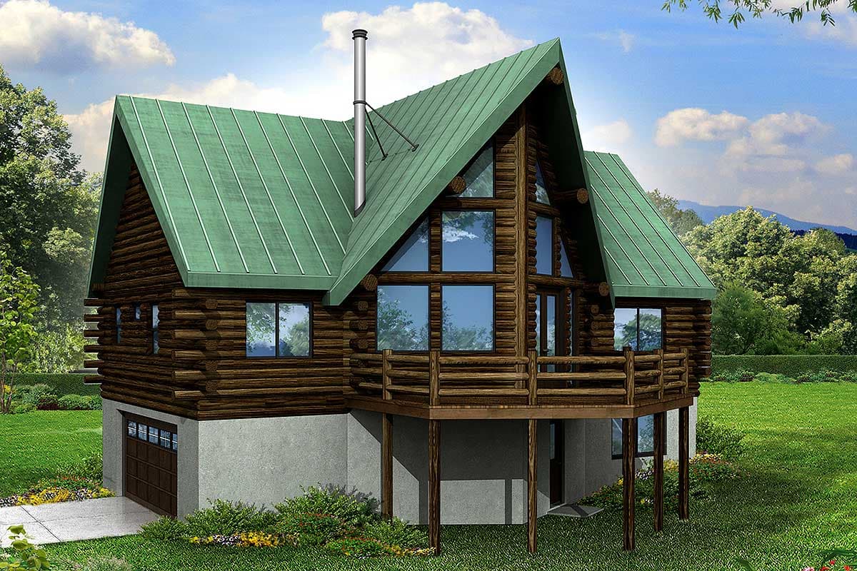 Log home house plan exterior with pitched metal roof, deck, large A-frame windows, and lower level garage.