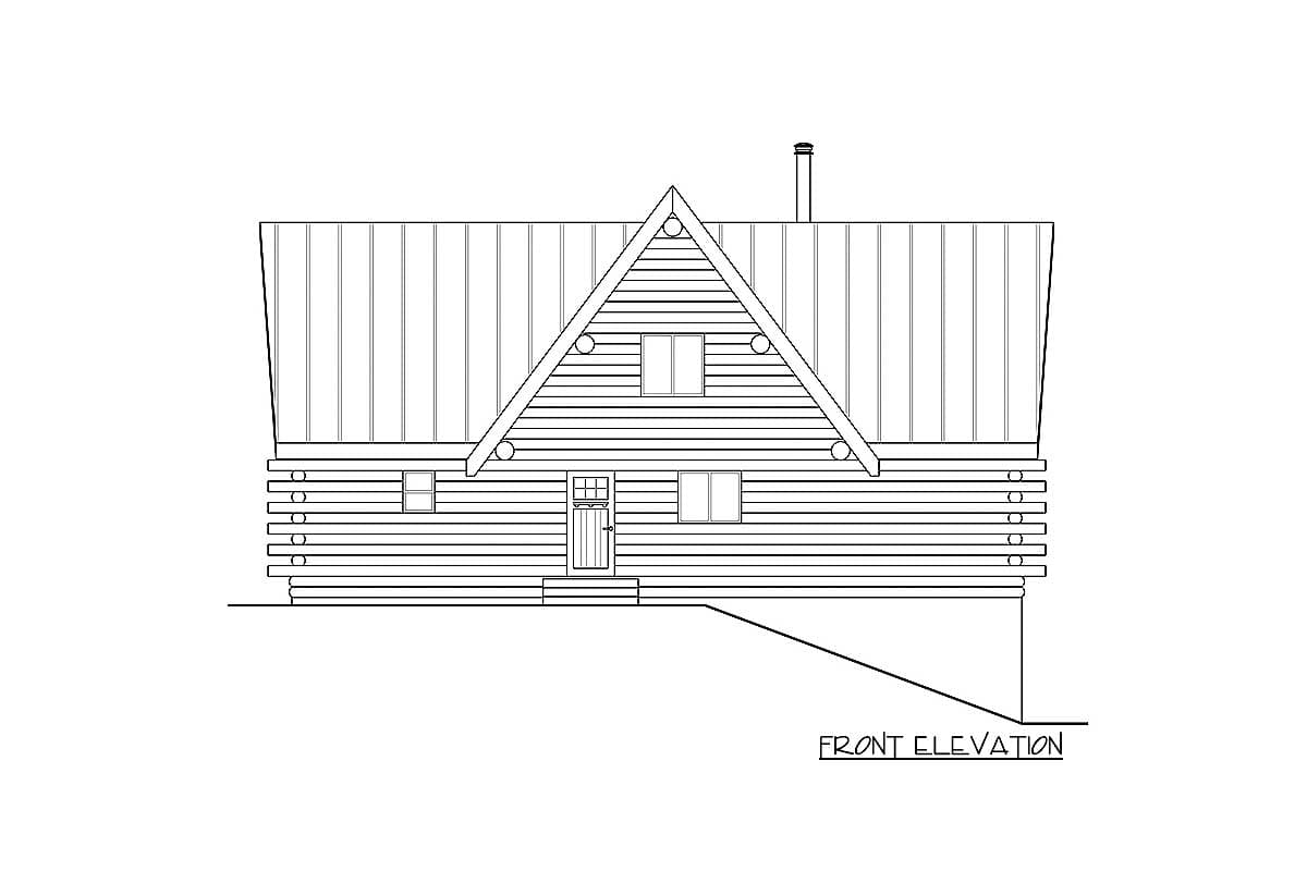 Front elevation drawing of a log house with a prominent A-frame gable and standing seam roof.
