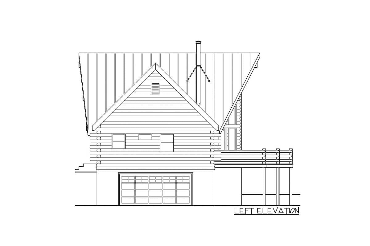 Left elevation house plan with log siding, gable dormer, covered deck, and attached two-car garage.