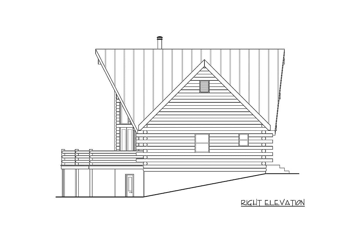 Log home floor plan right elevation drawing showing a peaked roof, deck, and multiple windows.