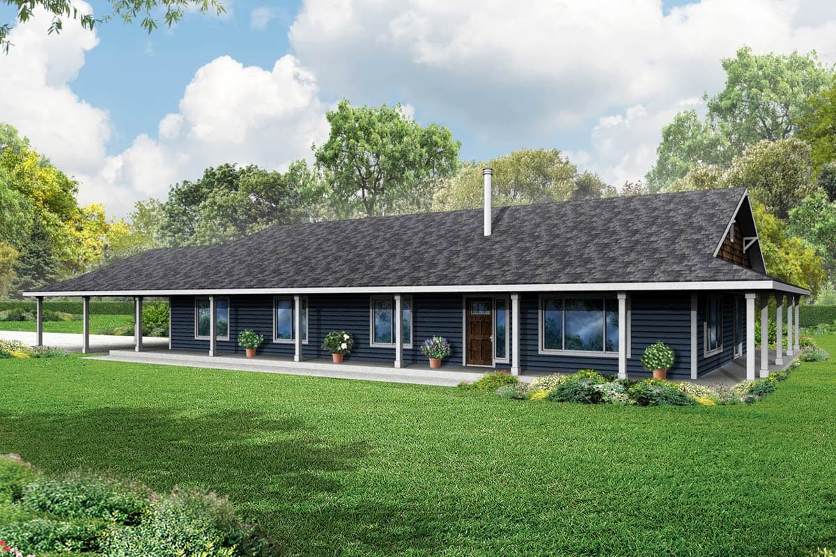 House plan exterior of a one-story Ranch home with a long covered porch, prominent gable end, and vinyl siding.