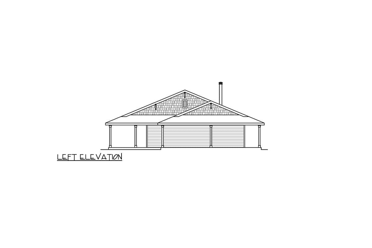Left elevation drawing of a house plan with a prominent gable, covered porch, and textured siding.