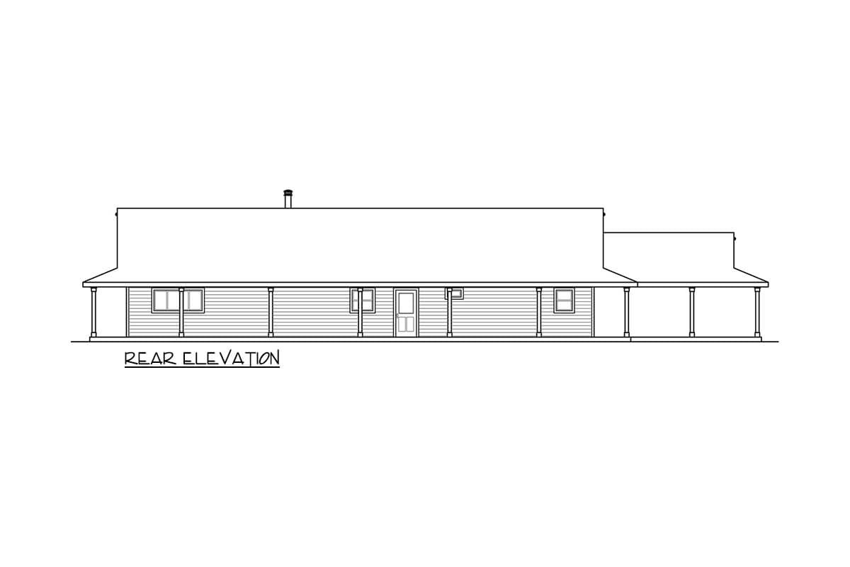 Rear elevation drawing of a one-story house with a porch across the back, multiple windows, and a chimney.