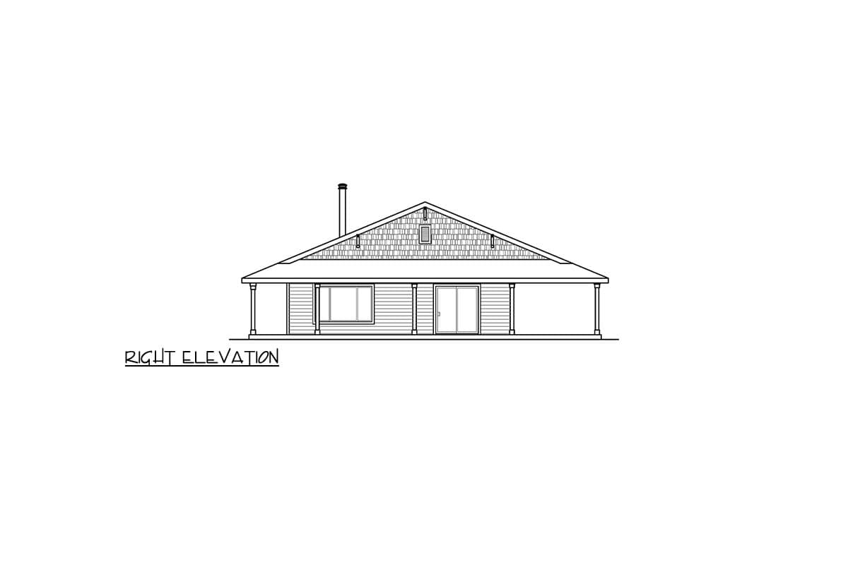 Right elevation drawing of a single-story house with a gable roof, a prominent dormer, and a covered porch.