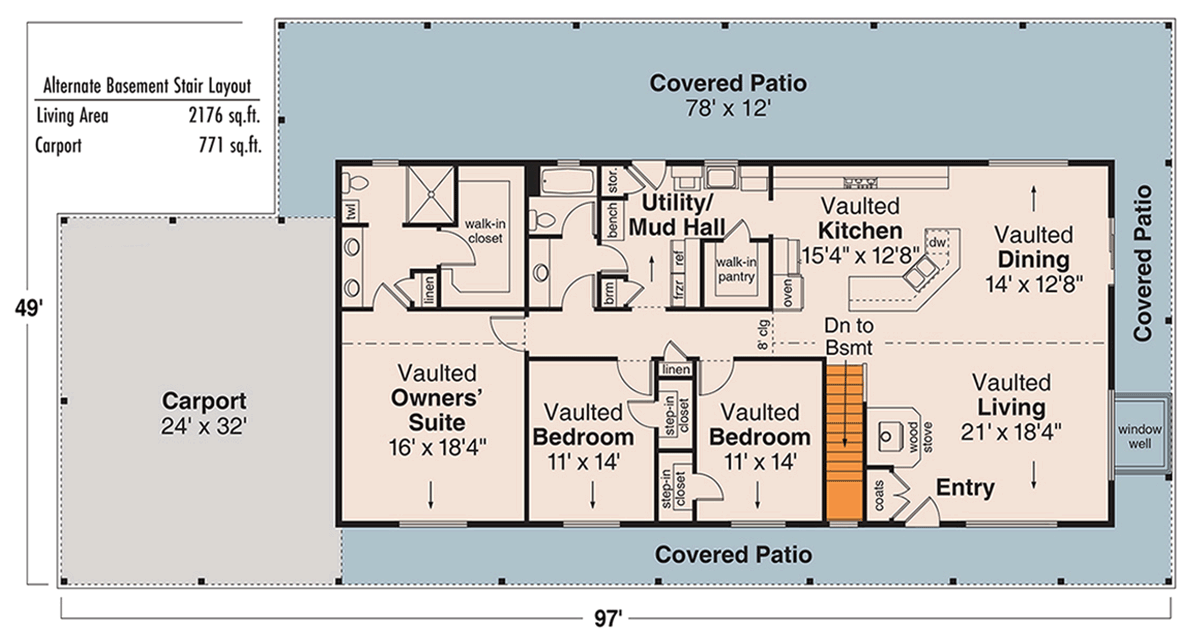 Plan 72772DA: 3 Bed Country Ranch With Wraparound Porch - Floor Plan - Main Level - Basement Stairs Location - Country, Ranch