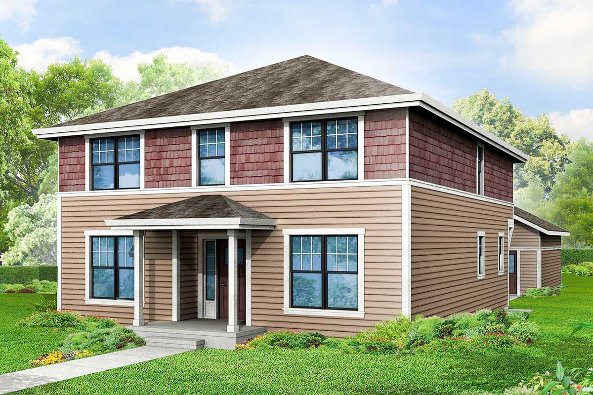 House plan exterior: Two-story dwelling with shingle and horizontal siding, covered entry porch, and attached garage.
