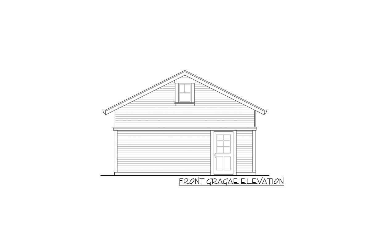 Front elevation drawing of a garage with a gabled roof, dormer window, and paneled door.