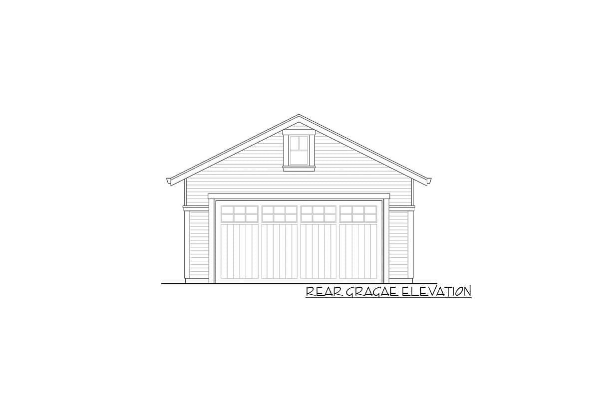 Rear elevation drawing of a one-story garage with a gable roof, dormer, and double garage door.