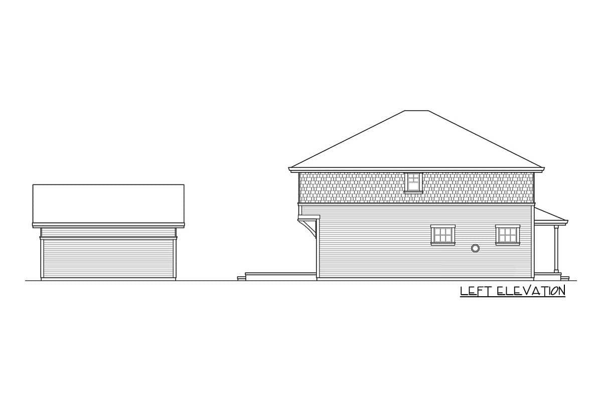 House plan left elevation showing a two-story structure with horizontal siding and shingle accent, two windows, and a dormer.