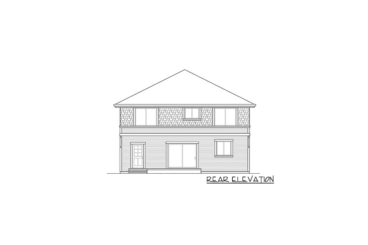 Rear elevation house plan drawing. Two stories with gabled roof, siding, and decorative shingle siding.