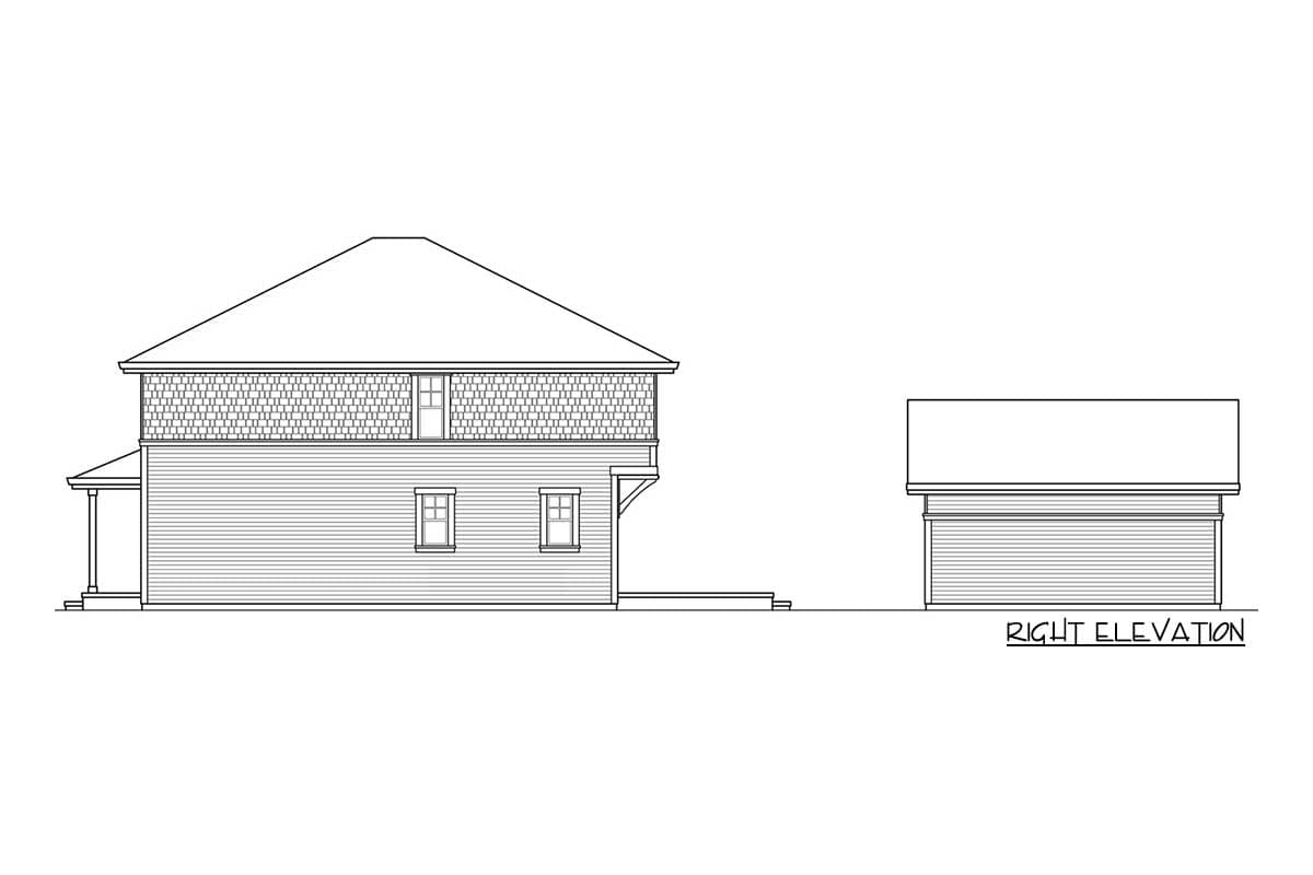 House plan right elevation showing a two-story building with horizontal siding and patterned shingles above.