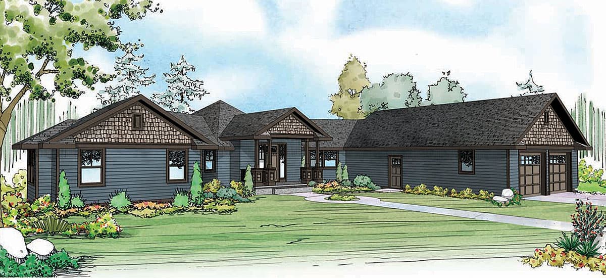 Craftsman style house plan exterior: One story with a covered porch, gables with decorative shingles, and a side-entry two-car garage.