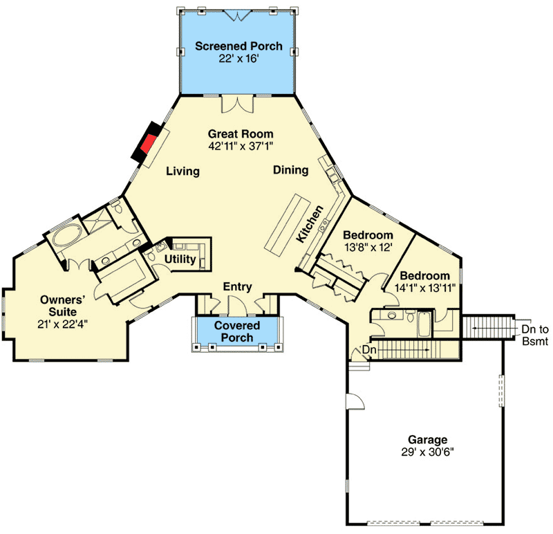 Plan 72775DA: Ranch with Hexagonal Great Room - Floor Plan - Main Level - Mountain, Ranch, Vacation