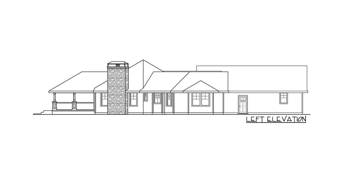 Left elevation house plan with a covered porch, stone chimney, and multiple windows.