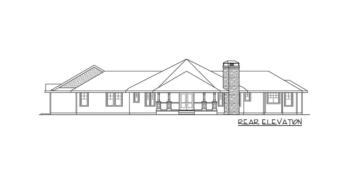 Rear elevation drawing of a one-story house with a covered porch, gables, dormer, and stone chimney.