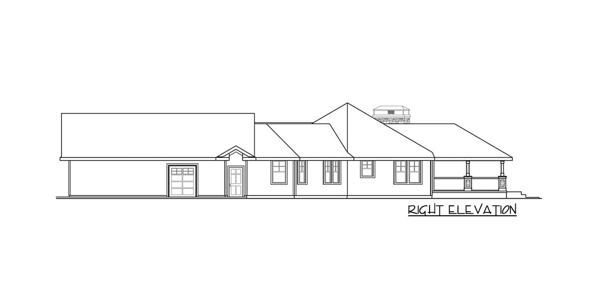 Right elevation drawing of a single-story house with attached garage, front entry, porch, and varied rooflines.
