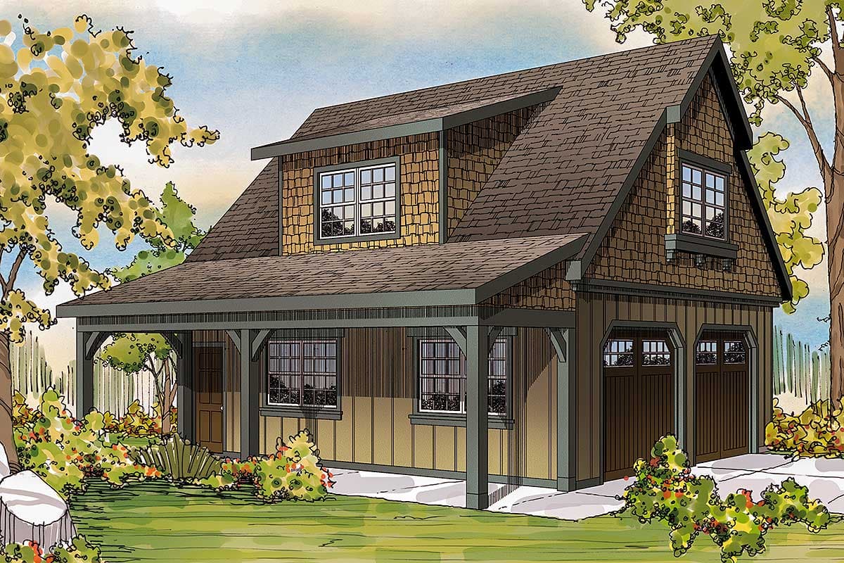 House plan exterior: Two-story, prominent shed dormer, covered porch, vertical siding, cedar shakes, and a double garage.