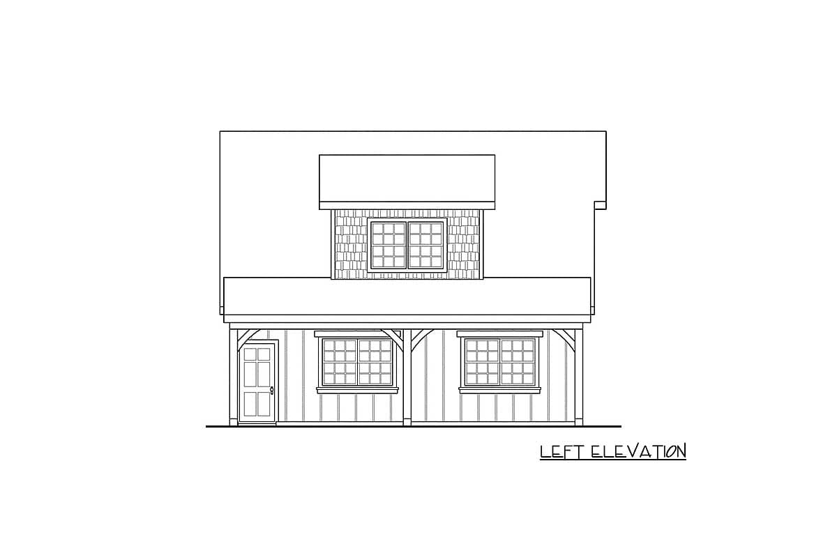Floor plan drawing, left elevation of a two-story house with a hip roof, dormer, and covered porch.