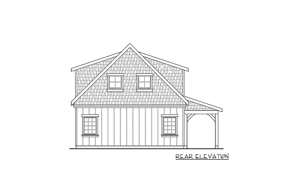 Rear elevation drawing of a two-story house plan featuring gabled rooflines, dormer windows, and an attached carport.