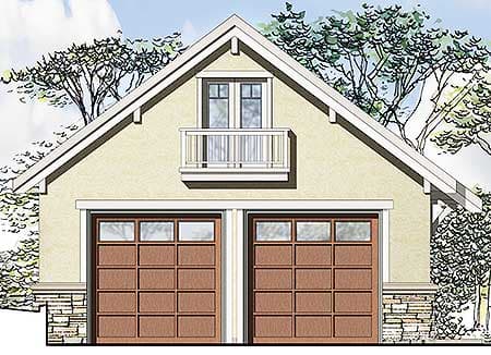 House plan exterior with stone base, two garage doors, gable roof, and upper dormer with small balcony.