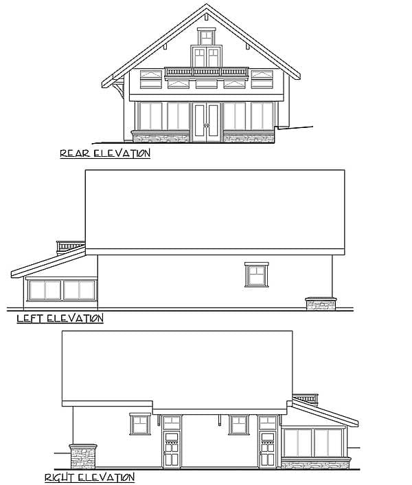 Rear, left, and right elevations of a two-story house plan featuring gables, dormers, and a covered rear porch.