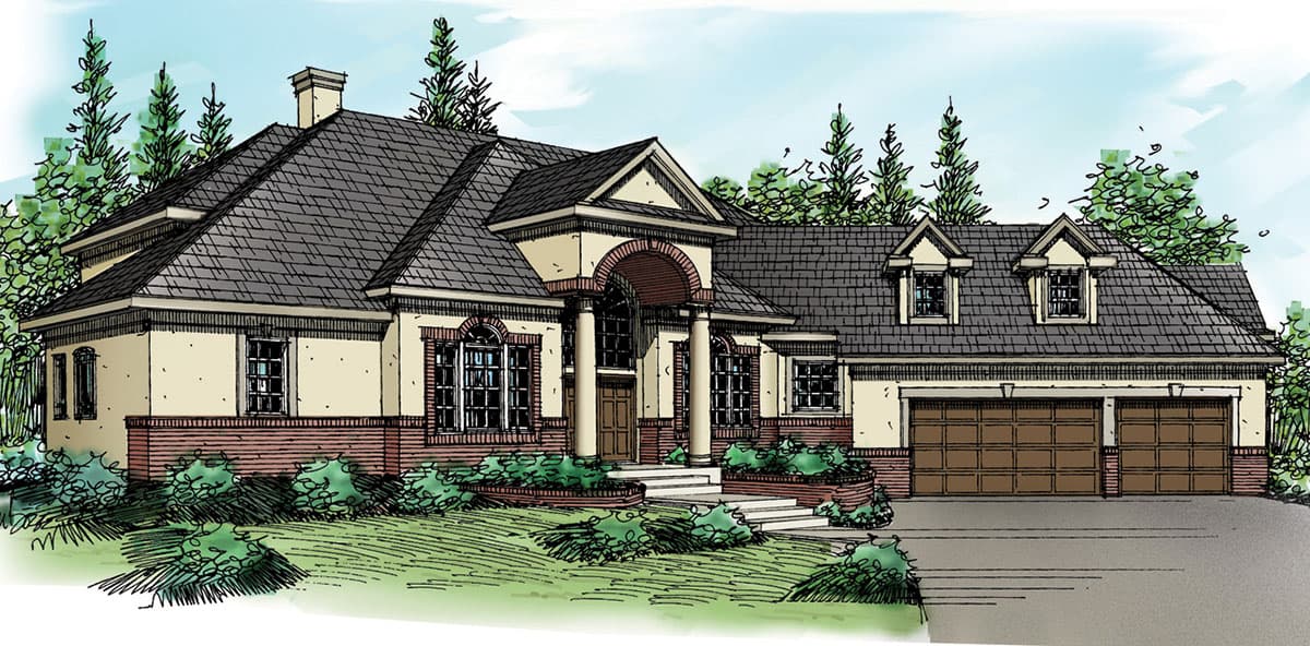 House plan exterior: One-story home with a brick wainscot, arched portico with columns, and a two-car garage with dormers.