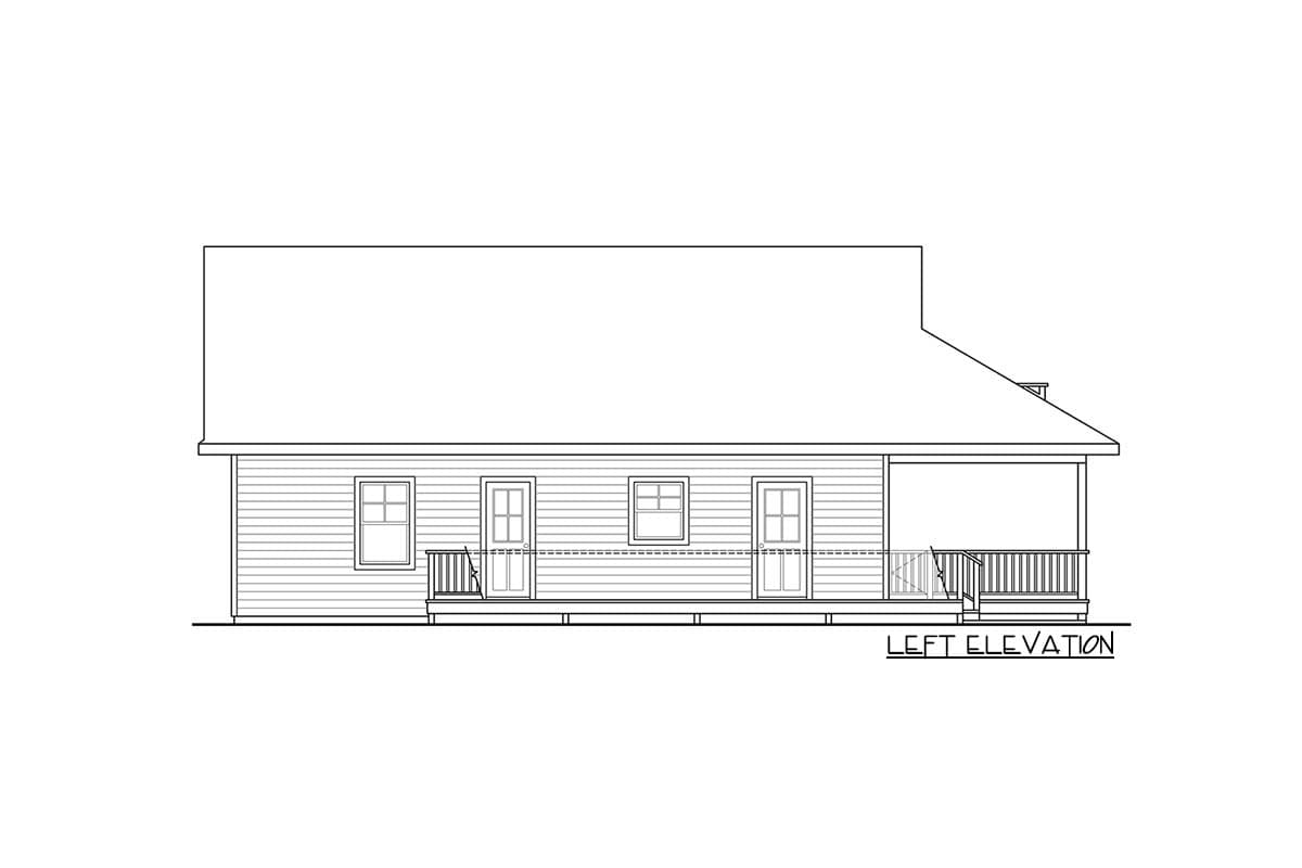 Left elevation house plan with siding, two doors, two windows, and a porch with railings.