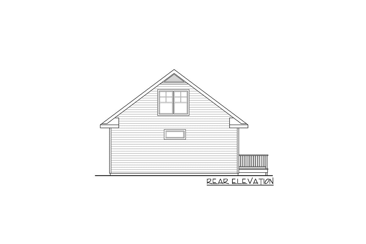 Rear elevation drawing of a house plan featuring horizontal siding, a gable roof, a dormer window, and a small deck.