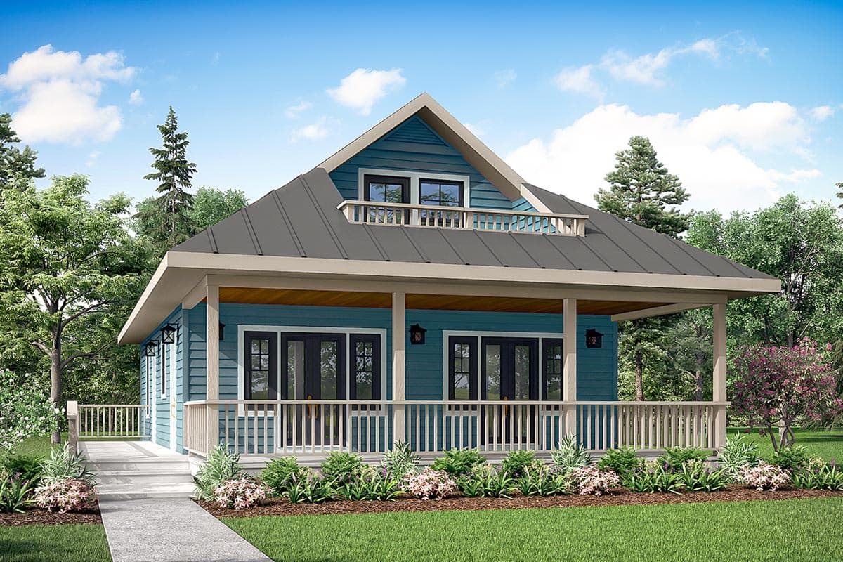 House plan exterior: Modern Farmhouse style, 1.5 stories, wide front porch with railings, metal roof, dormer with balcony.
